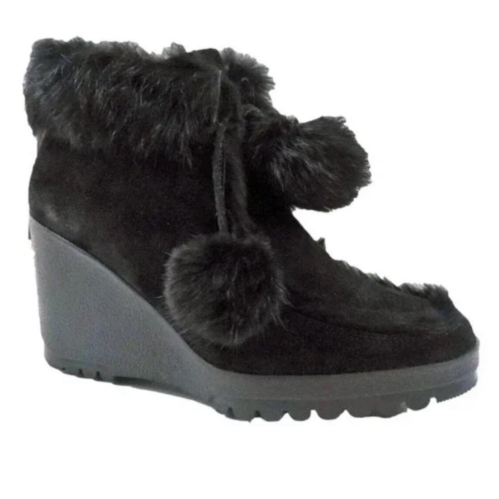 Coach Kataya Wedge Ankle Boots Booties in Black Suede with Black Rabbit Fur Trim